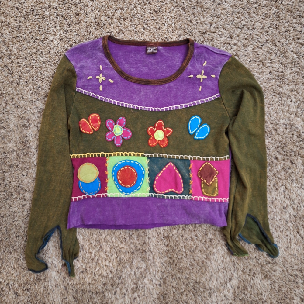 KPC Vintage Nepal Patchwork Whimsigoth Fairy Grunge Long Sleeve Crop Top M